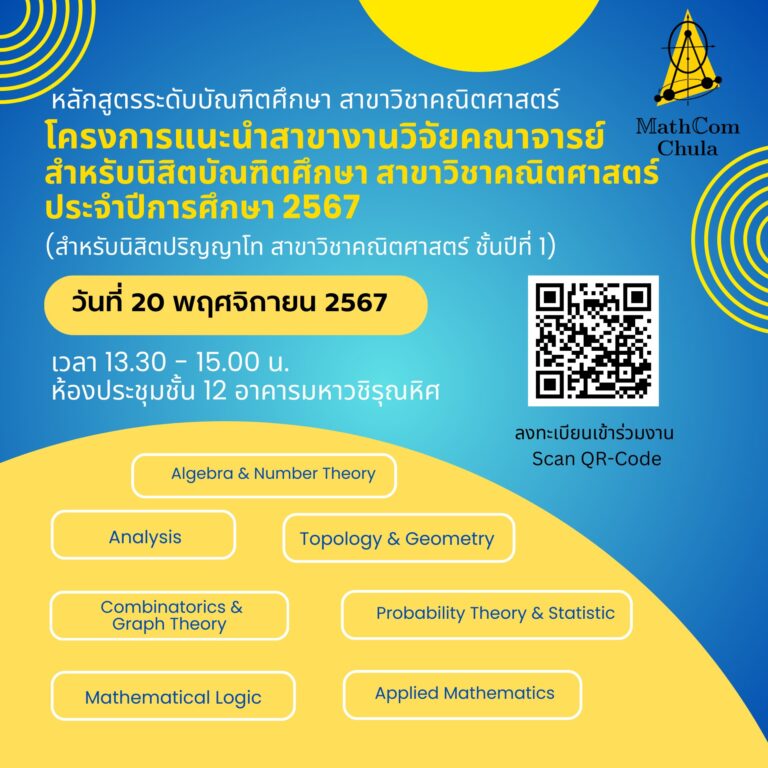 โครงการแนะนำสาขางานวิจัยคณาจารย์: ค้นพบงานวิจัยที่ใช่ โครงการแนะนำสาขางานวิจัยคณาจารย์ ที่จะช่วยให้คุณได้ค้นพบ	แนวทางงานวิจัยที่ตรงใจ และได้รู้จักกับอาจารย์ที่เป็นผู้เชี่ยวชาญในสาขานั้น ๆ 👩‍🎓