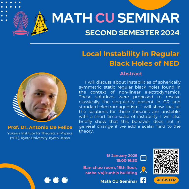 ขอเชิญเข้าร่วมสัมมนาทางวิชาการของภาควิชาฯ ในหัวข้อเรื่อง “Local Instability in Regular Black Holes of NED”